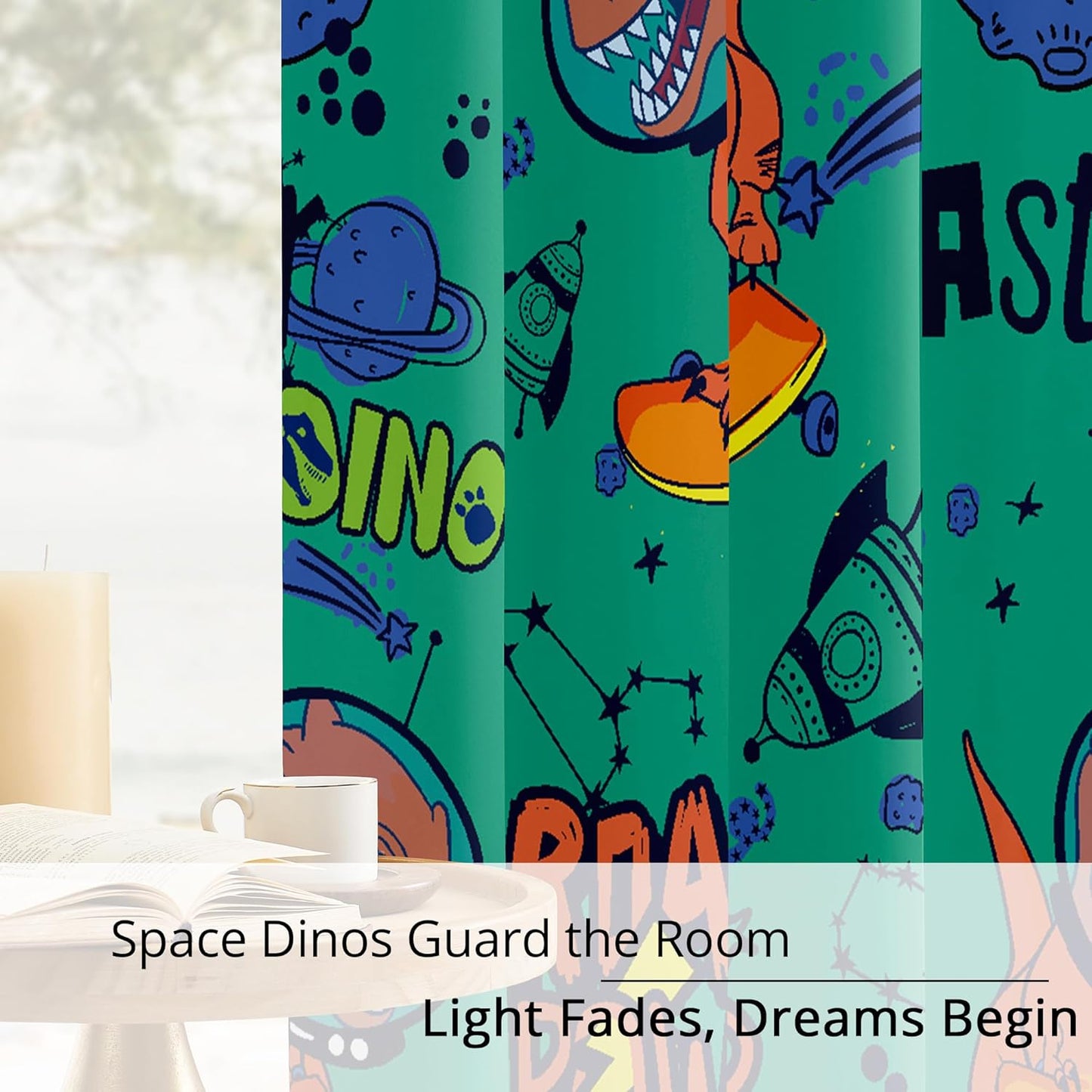 Kids Space Dinosaur Blackout Curtains - 100% Blackout, Thermal Insulated, Noise Reducing, Perfect for Kids Room and Nursery, 2 Panels (Roar Power Dino, W52×L63)