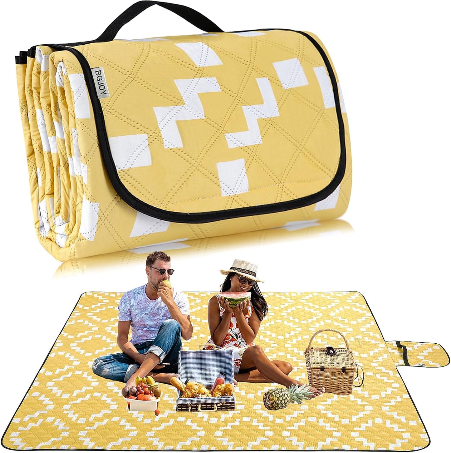 Waterproof Sandproof Travel Blanket, Large Yellow Picnic Mat for 2-4 Adults, Lightweight Beach Blankets with Carry Strap, Foldable Outdoor Blankets for Camping, Grass, Park