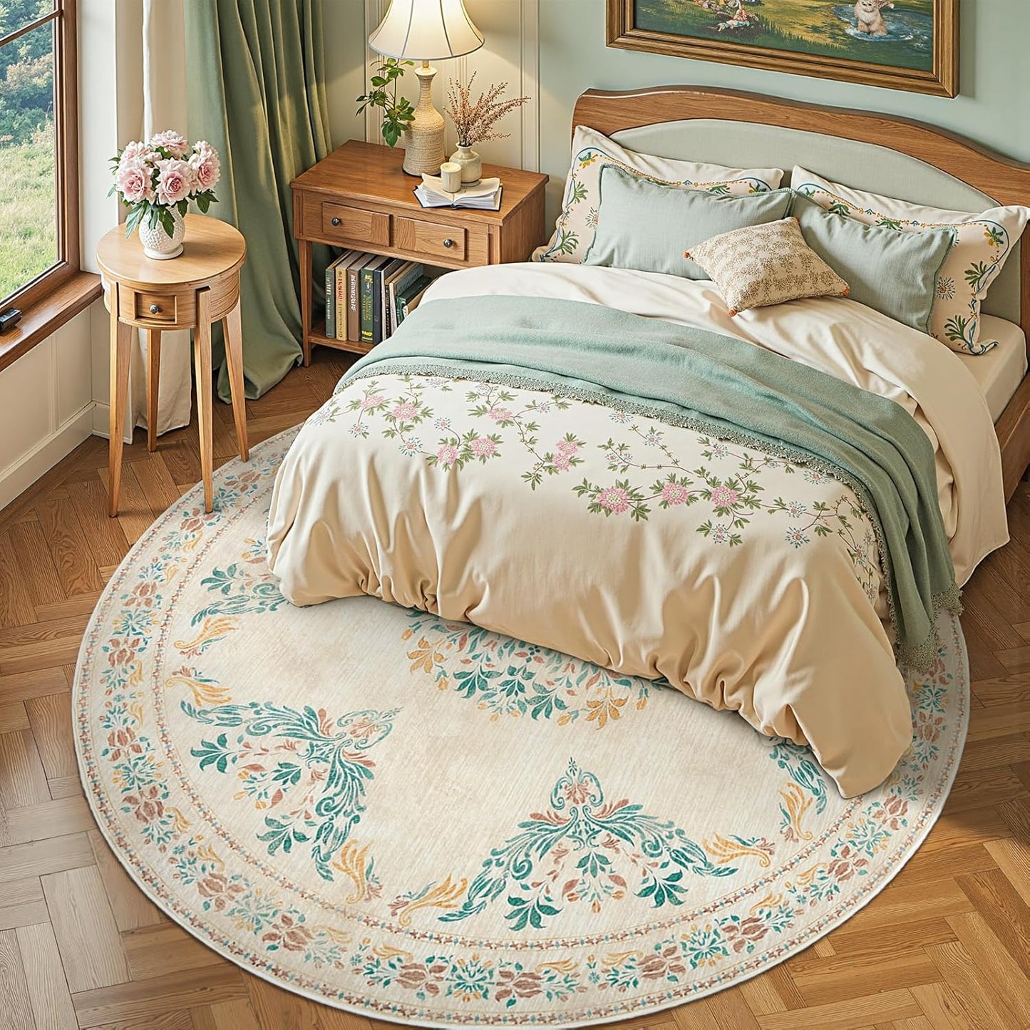 jinchan Round Rug 8ft Area Rugs,Vintage Floral Distressed Design Machine Washable Soft Non-Slip Low-Pile Ultra-Thin Circle Rug for Living Room Dining Room Bedroom Home Office (8' Round,Apricot Multi)