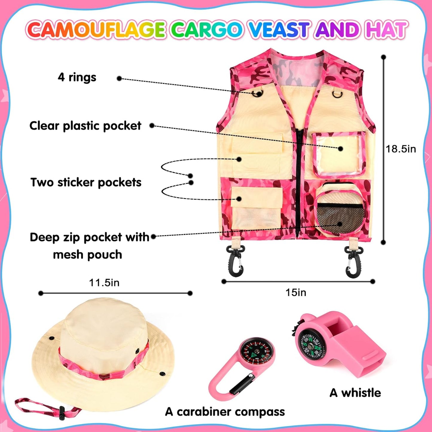 INNOCHEER Kids Explorer Kit & Bug Catcher Kit & Safari Costume Kit, Outdoor Exploration Set with Hat, Vest, Butterfly Net and Bugs Book for Boys Girls 3-12 Years Old (Camouflage Pink)