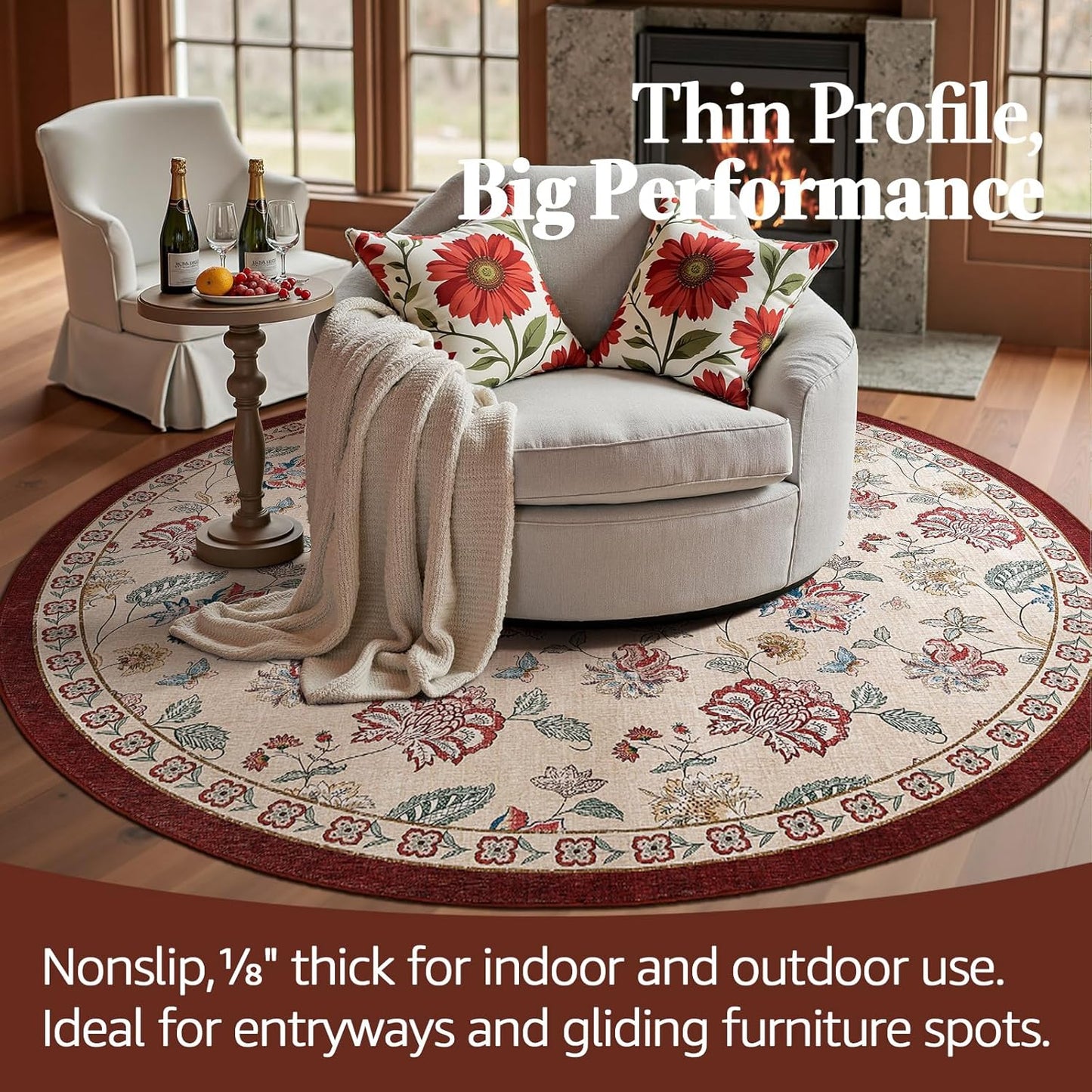 jinchan 6ft Floral Round Rug for Dining Room Washable Living Room Rug Vintage Romance Design Non Slip Indoor Floor Cover Lightweight Low-Profile Throw Carpet for Bedroom Porch Patio, Red/Beige