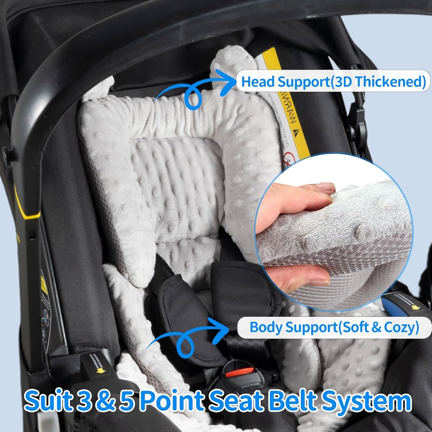 3in1 Baby CarSeat Head Support for Infant, Reversible Soft Infant Car Seat Insert Newborn Boy Girl, Breathable Cotton Head Body Support Pillow Cushion,Stroller,Swing,Bouncer,Baby Registry,Grey
