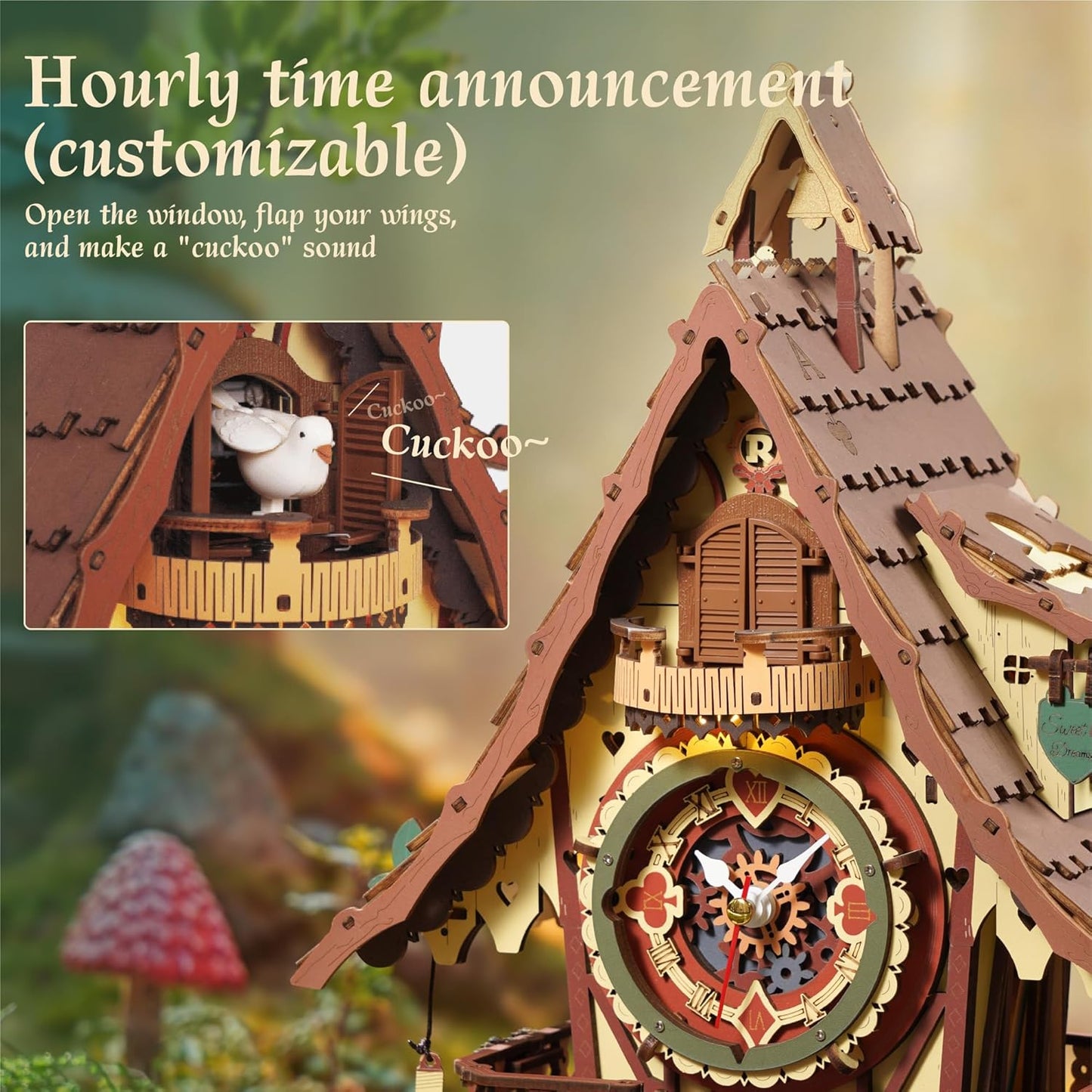 ROKR 3D Wooden Puzzles for Adults, Cuckoo Clock Model Kit, Room Home Decor DIY Watch Making Kit Functional Mechanical Building Toys, Hobbies Birthday Christmas Day Gifts for Men Women Kids 14+