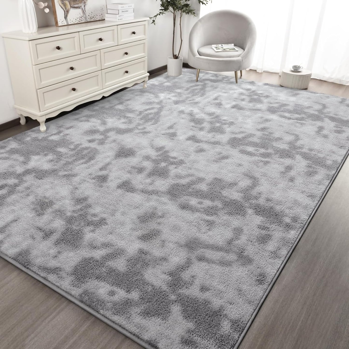 Kimicole 6x9 Washable Area Rugs for Living Room Bedroom, Large Low Pile Ulta-Thin Solid Color Rug, Non-Slip Soft Fluffy Carpet for Nursery Kids Room Dorm Room Home Decor (Light Grey)
