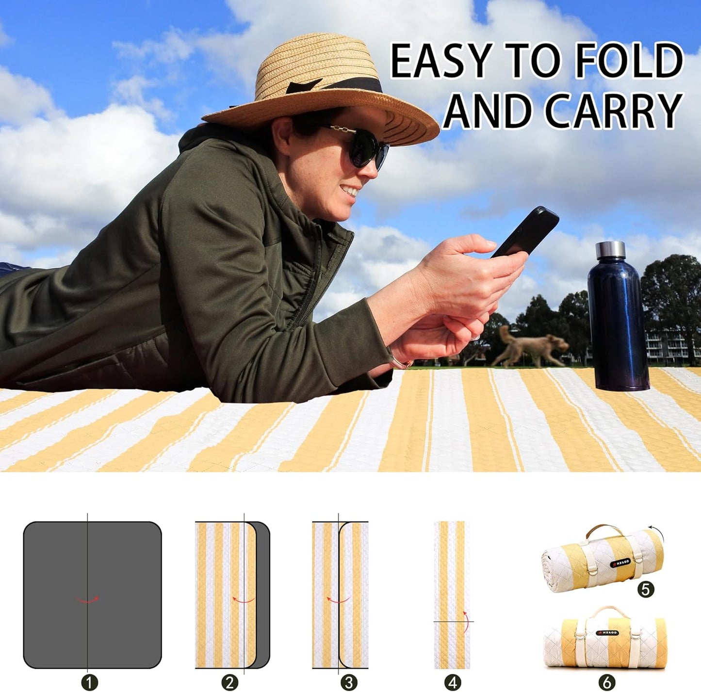 HX&OD Outdoor Picnic Blanket Extra Large, 80''*80'' Waterproof Picnic Mat with Stakes Foldable Camping Blanket Portable with Carry Strap for Beach Mat (Yellow& White, 80''*80'')