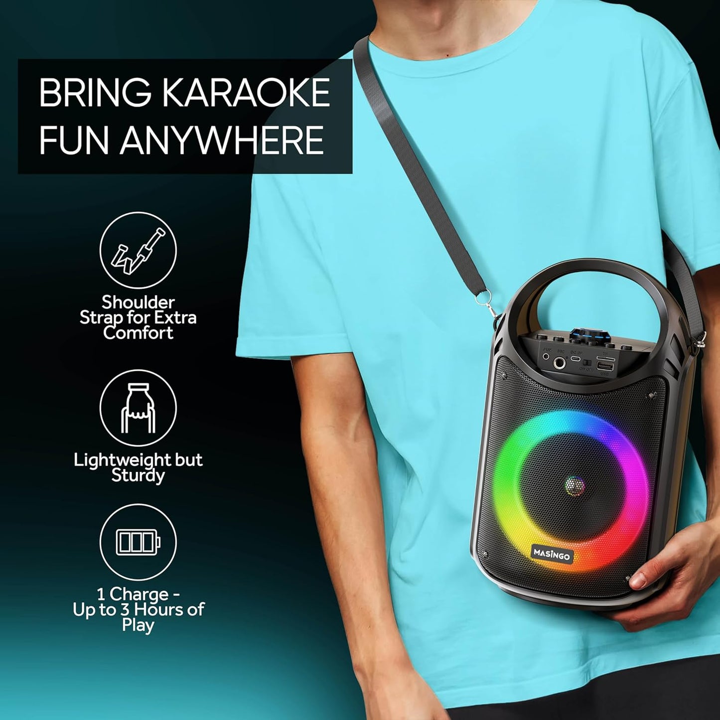 MASINGO Karaoke Machine for Kids and Adults with 2 Wireless Bluetooth Microphones, PA Portable Speaker with Colorful LED Lights, Supports TF Card/USB, AUX/MIC in, TWS for Home Party, Burletta C10 V2