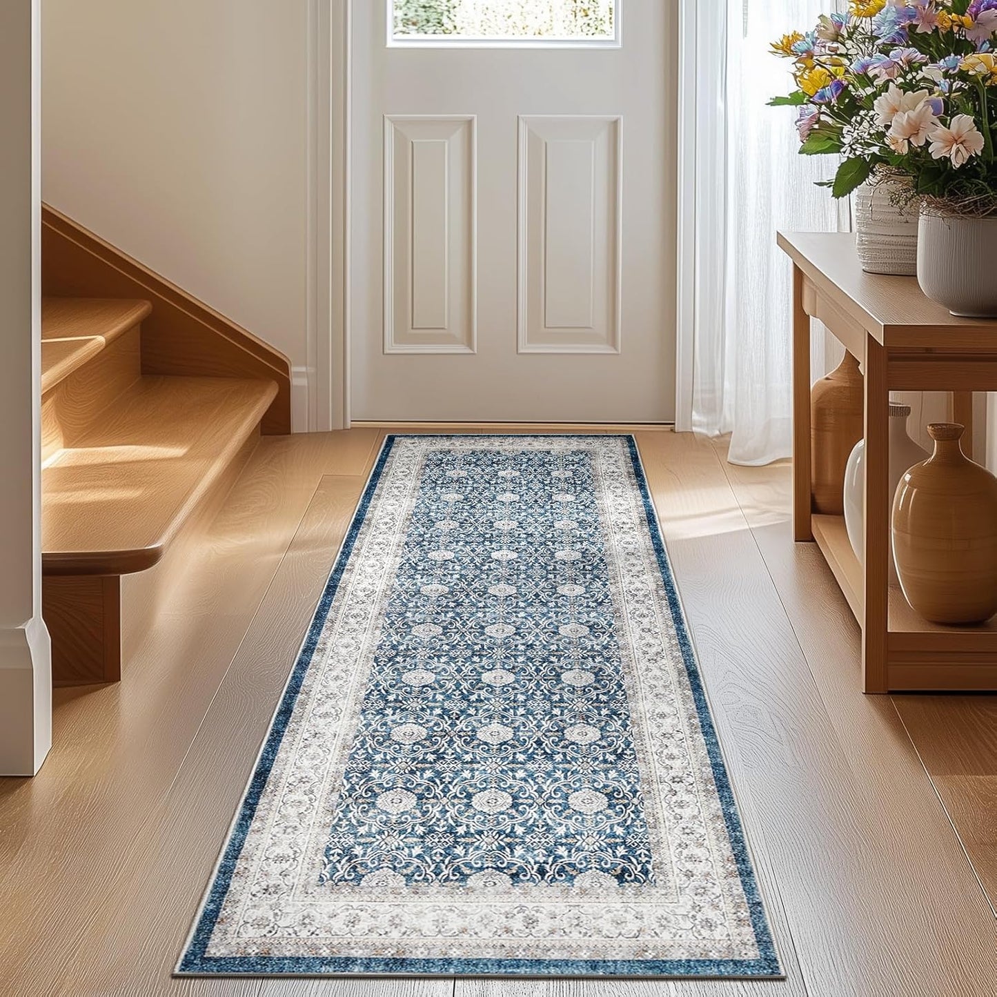 jinchan Runner Rug 2x7 - Machine Washable Dark Blue Vintage Floral Distressed Design Soft Non-Slip Low-Pile Ultra-Thin Runner Rug for Kitchen Hallway Laundry Room Entryway Farmhouse (2‘x7',Dark Blue)