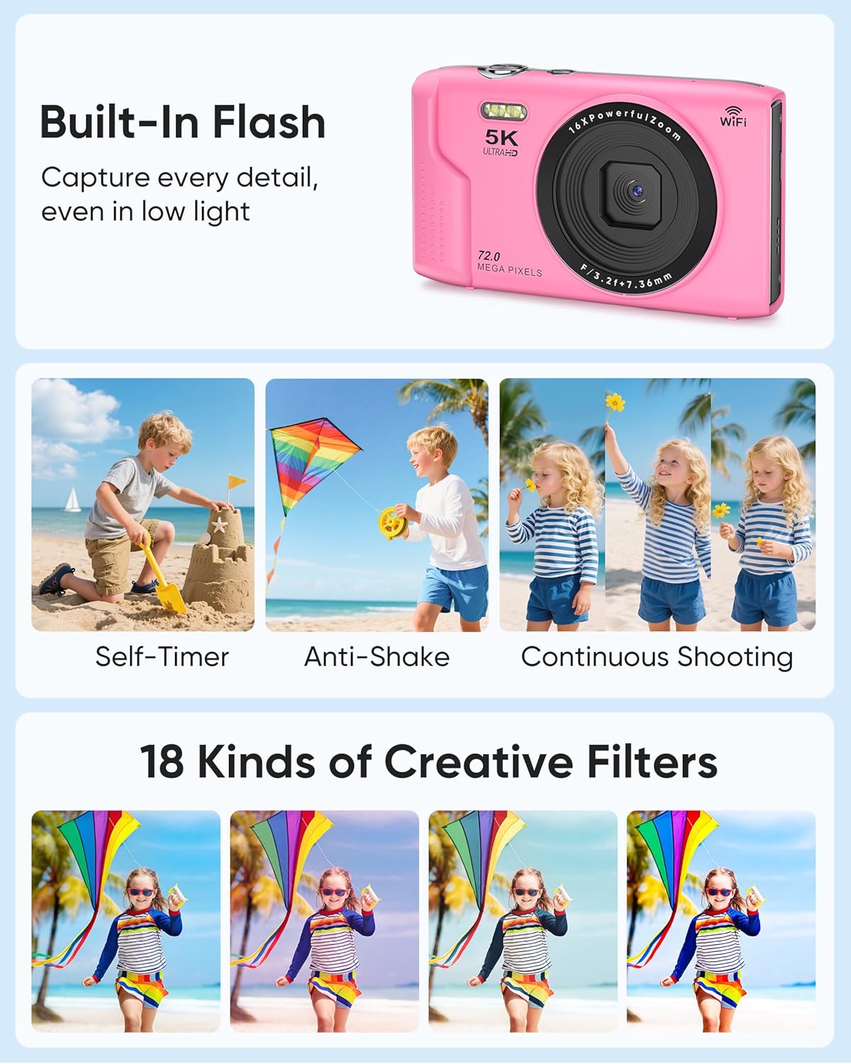 T TAKMLY Digital Camera 5K, Autofocus 16x Zoom 72MP Point and Shoot Cameras Compact Portable with Flash for Kids Boys Girls Teens Students, Anti Shake 2.8'' Screen, 64GB Card Include, Pink