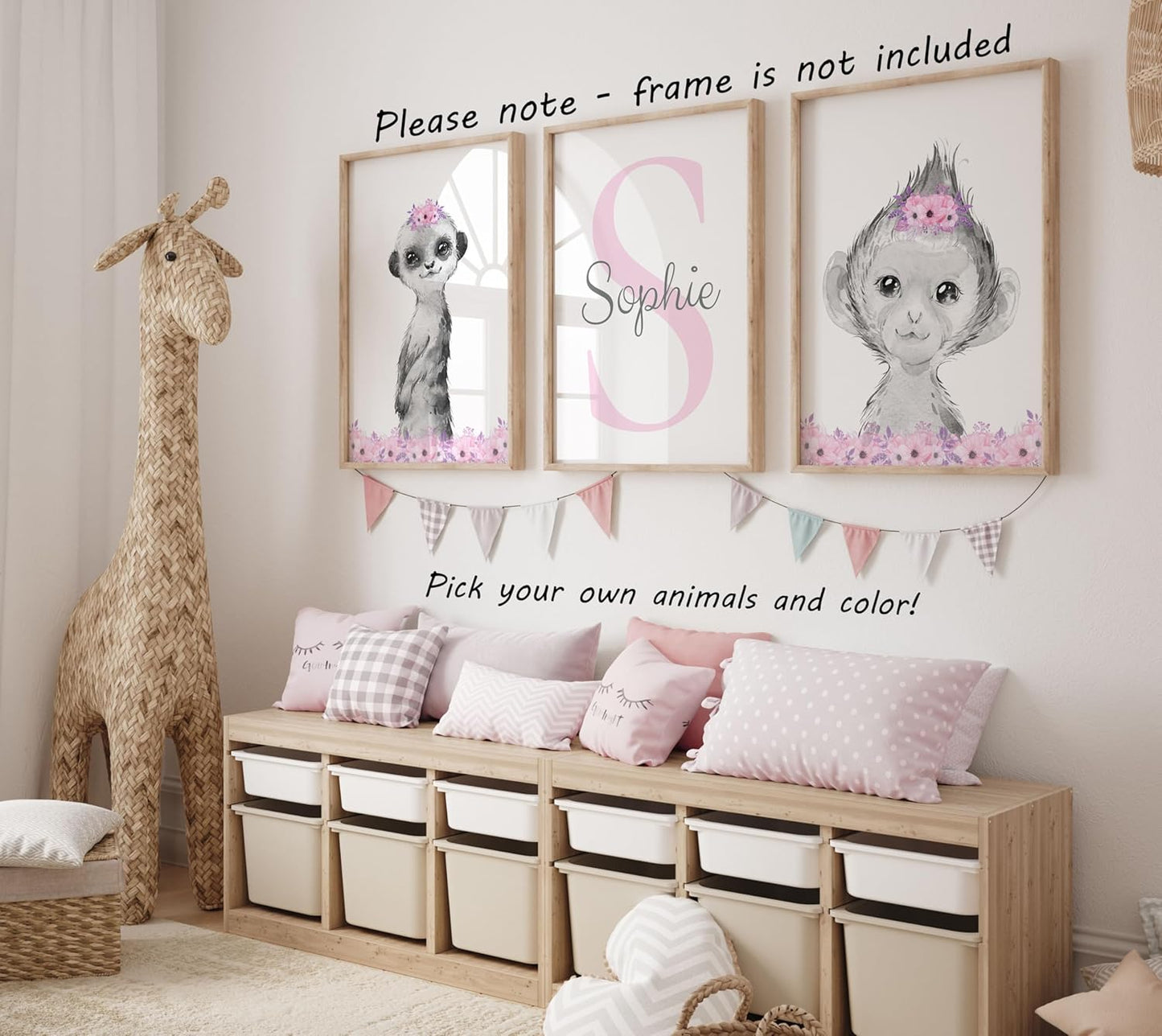 Safari Animals Girls Nursery Bedroom Unframed Set of 3 Poster Prints, Personalized Name Pink or Purple Flowers Wall Art Decor New Baby Gift Present, Elephant Giraffe Panda Zebra Lion (8x10)