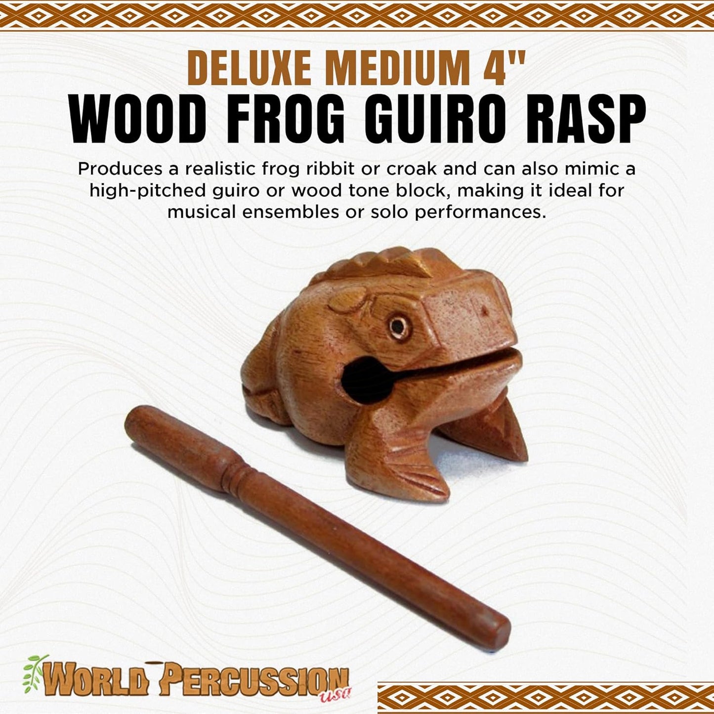Deluxe Medium 4” Wood Frog Guiro Rasp - Percussion Musical Instrument Tone Block - Wooden Instrument with Stick, Frog Noise Maker by World Percussion USA
