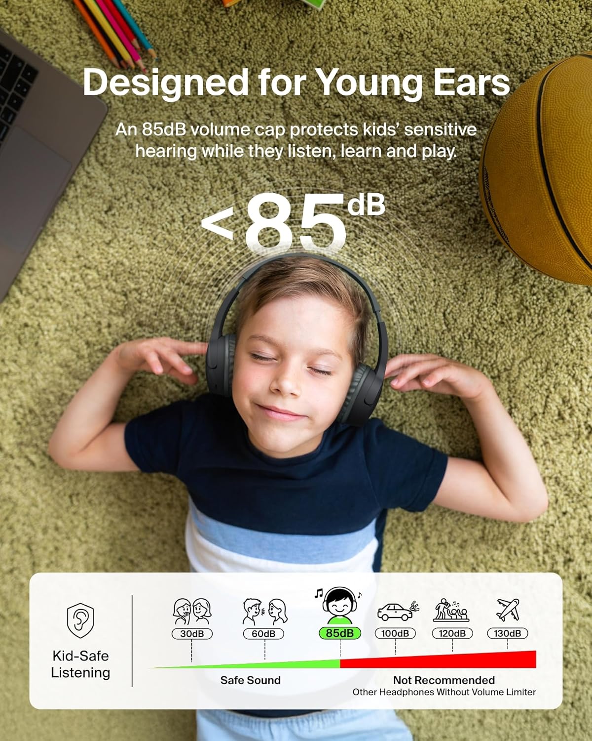 Belkin SoundForm Mini Kids Wireless Headphones w/Built-in Microphone, 30H of Playback Time, Fun Stickers, & Case - Over-Ear Headsets for Online Learning, School, iPhone, iPad, Galaxy, & More - Black