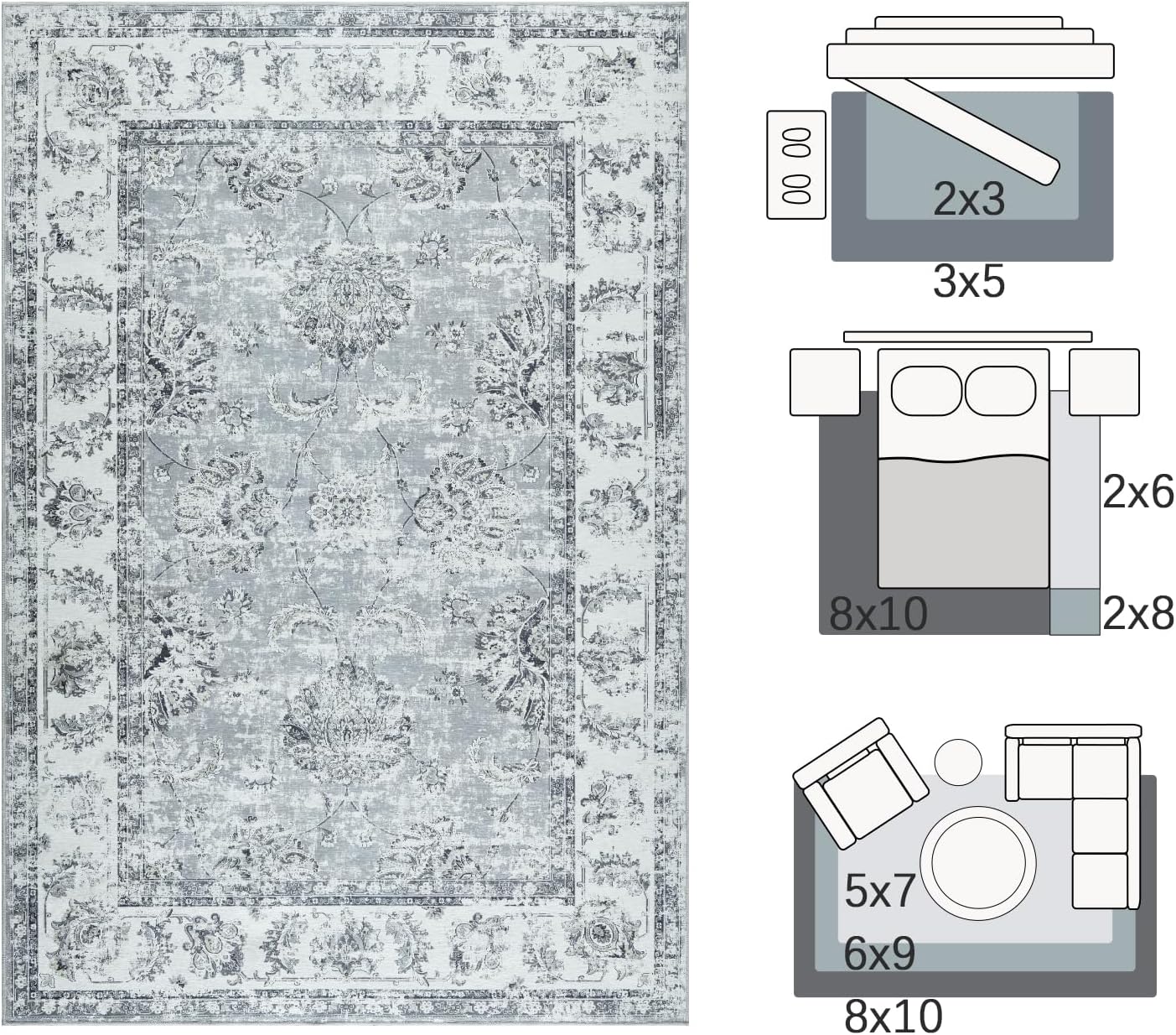 jinchan Washable Area Rug 8x10 for Living Room Soft Faux Wool Ultra-Thin Stain Resistant Non-Slip Distressed Vintage Floral Large Carpet for Bedroom,Dining Room,Home Office,Nursery(Grey, 8'x10')