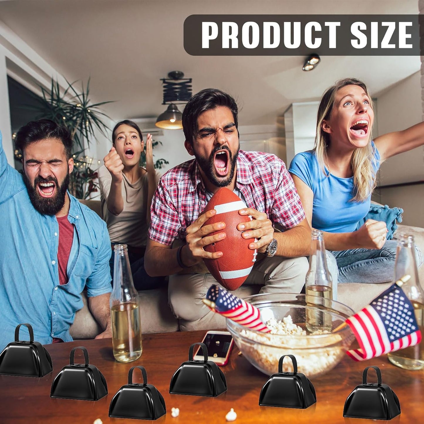 6 Pcs 3 Inch Metal Cowbells Noise Maker Hand Percussion Cow Bells with Handles for Sporting Events Cheering Noisemakers Weddings Team Spirit Sports Party Favors (Black)