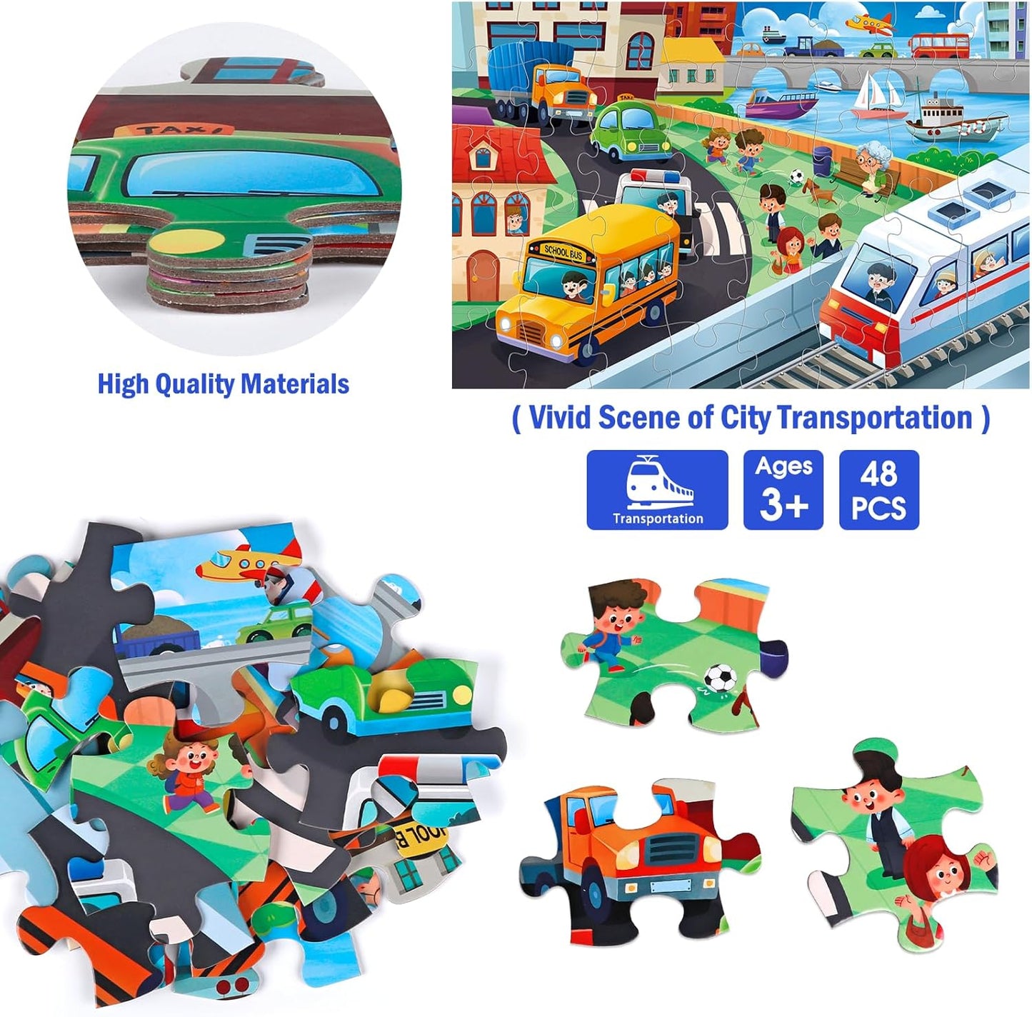 Jumbo Floor Puzzle for Kids,City Transportation Jigsaw Large Puzzles,48 Piece City Life Vehicle Puzzle for Toddler Ages 3-5,Children Learning Preschool Educational Toys,Gift for 4-8 Years Old