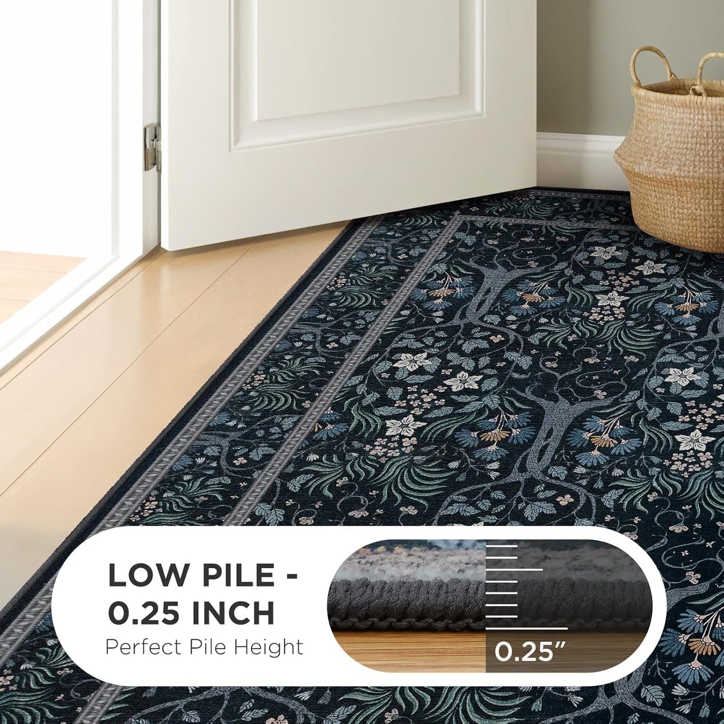 Joydeco Floral Living Room Rugs, Washable Large Bedroom Rug 8x10 Under Bed Non Slip, Soft Forest Botanical Low-Pile Floor Indoor Throw Carpet for Dining Table Home Office, Blue-Black