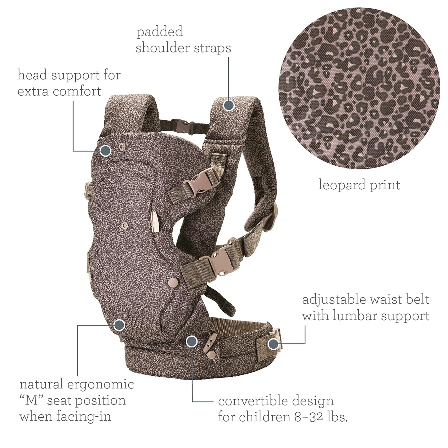 Infantino Flip 4-in-1 Convertible Baby Carrier, Adjustable, Ergonomic Babywearing, Registry Essential, Baby Carrier for Newborn to Toddler, Leopard