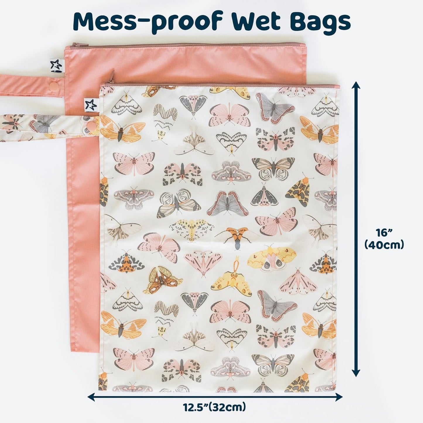 Tiny Twinkle Mess- Proof Waterproof Wet Dry Bag | 2-Packk Reusable Wet Bags for Swimsuits & Baby Clothes | Leakproof Wet Bag for Travel & Diaper Changes for Baby (Flutter)