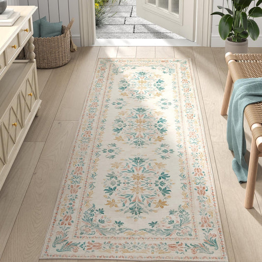 jinchan Hallway Runner Rug 2x8 Vintage Floral Distressed Design - Machine Washable Non-Slip Low-Pile Soft Thin Faux Wool Kitchen Carpet for Farmhouse Bedroom Laundry Room(2x8ft,Apricot Multi)
