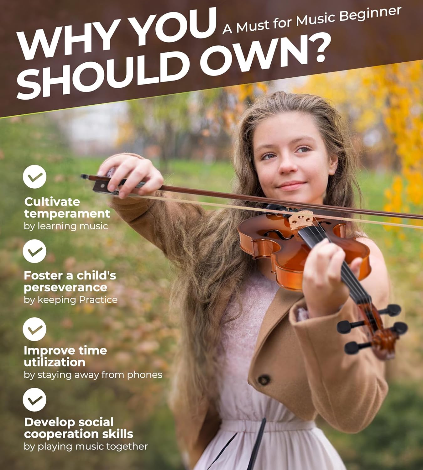 Vangoa Violin 3/4 Size for Kids Full Set, Beginners Fiddle Three Quarter Bundle Acoustic Violins Starter Kit Package Side Solidwood, Hard Case for School Students, Childrens, Adults Ages 9-12