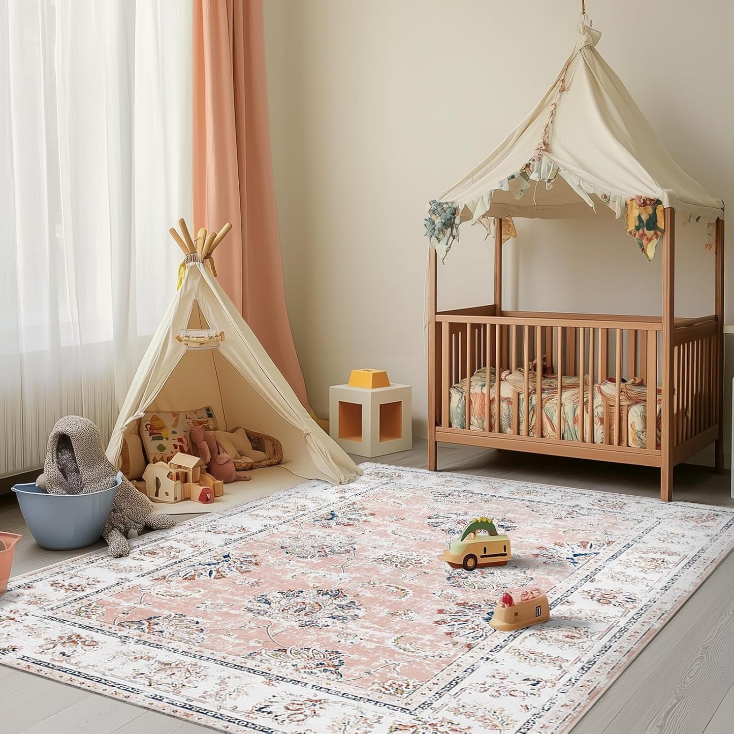 jinchan Washable Area Rug 5x7 Ultra-Thin Low Pile Non Slip Stain Resistant Soft Faux Wool Spring Floral Distressed Vintage Carpet for Bedroom,Living Room,Dining Room,Kitchen,Nursery(Pink, 5' x 7')