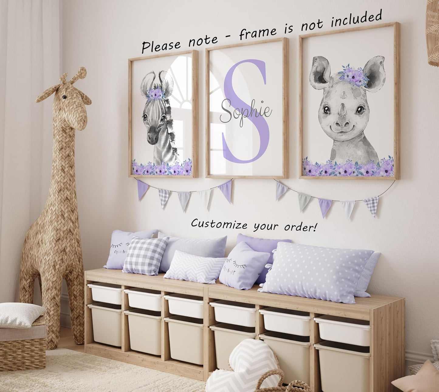 Safari Animals Girls Nursery Bedroom Unframed Set of 3 Poster Prints, Personalized Name Pink or Purple Flowers Wall Art Decor New Baby Gift Present, Elephant Giraffe Panda Zebra Lion (12x16)