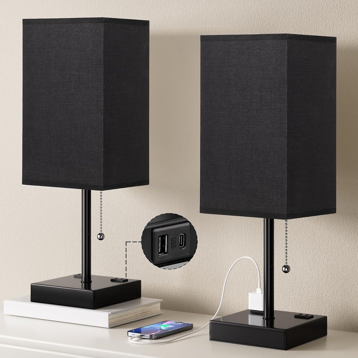 Plus Black Bedside Table Lamps Set of 2 - Bedroom Lamps with 3 Colors (3000K/5000K/4000K), Square Nightstand Lamp with USB C + A Charging Ports and 2 AC Outlets, Pull Chain Night Light for End Table