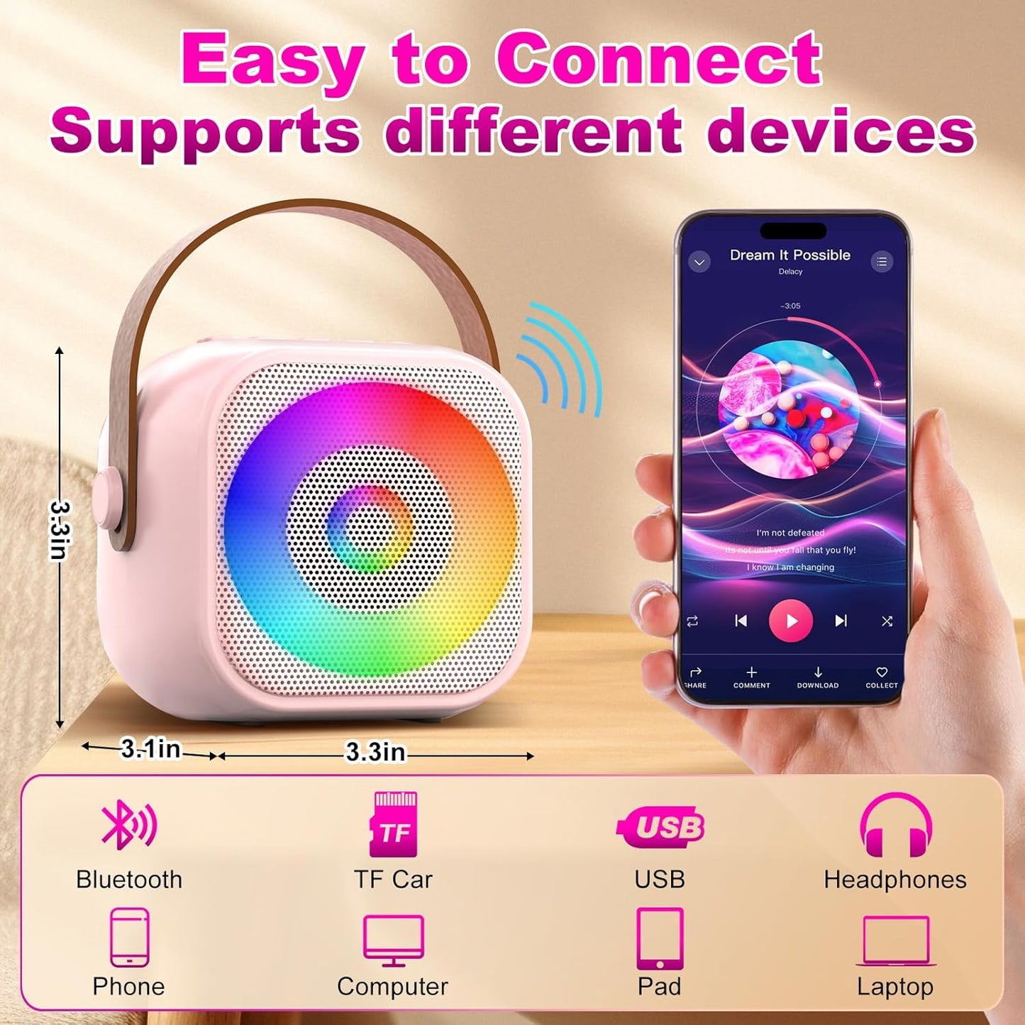 Mini Karaoke Machine, Portable Bluetooth Karaoke Speaker with 2 Wireless Microphone and Lights for Kids and Adults, Chritmas Birthday Gifts for Girls Boys 3-12+ Year Old (Pink)