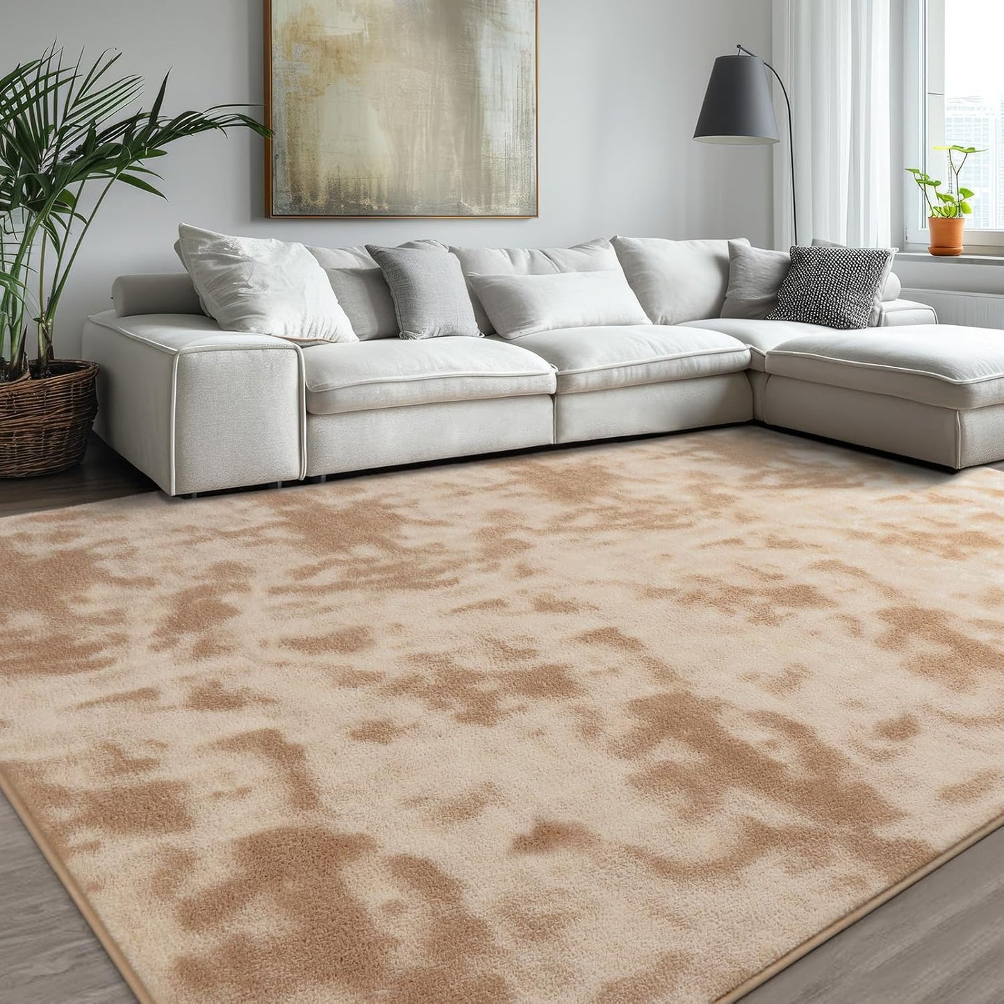 Kimicole 5x8 Washable Area Rugs for Bedroom Living Room, Low Pile Ulta-Thin Solid Color Rug, Non-Slip Soft Fluffy Carpet for Nursery Kids Room Dorm Room Home Decor (Light Tan)