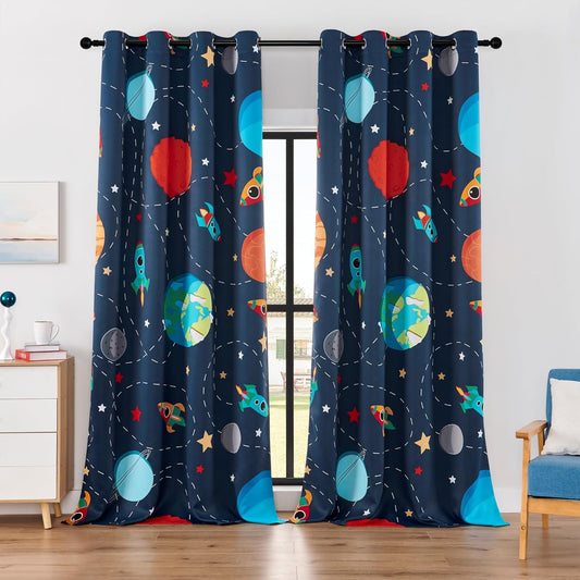 Kids Space Themed Blackout Curtains - 100% Blackout Perfect for Kids Room, Spark Kids Imagination with Vibrant Cosmos Designs, Noise Reduction, Thermal Insulated, (2 Panels W52×L96)