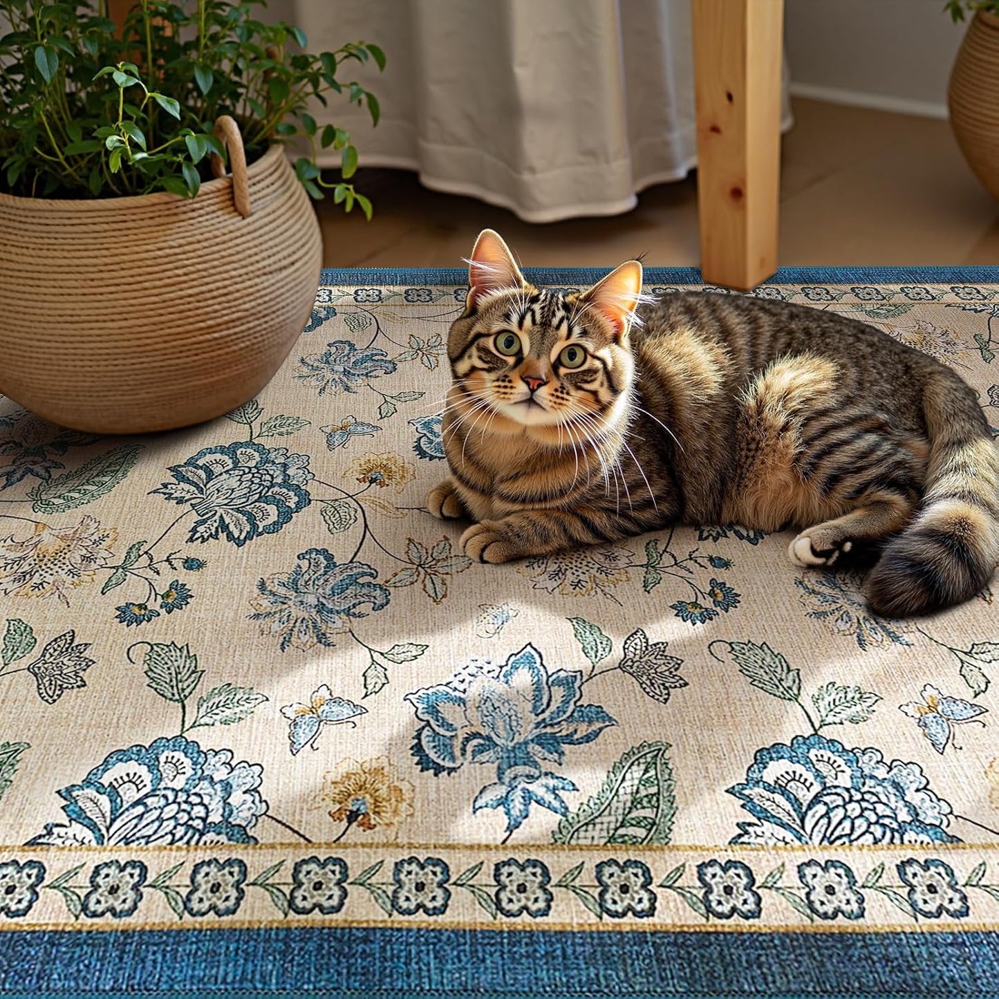 jinchan 3x5 Floral Rug for Entryway Washable Kitchen Rug Vintage Romance Design Small Mat Non Slip Indoor Doormat Lightweight Low-Profile Throw Carpet for Entrance Bathroom Laundry Room, Blue/Beige