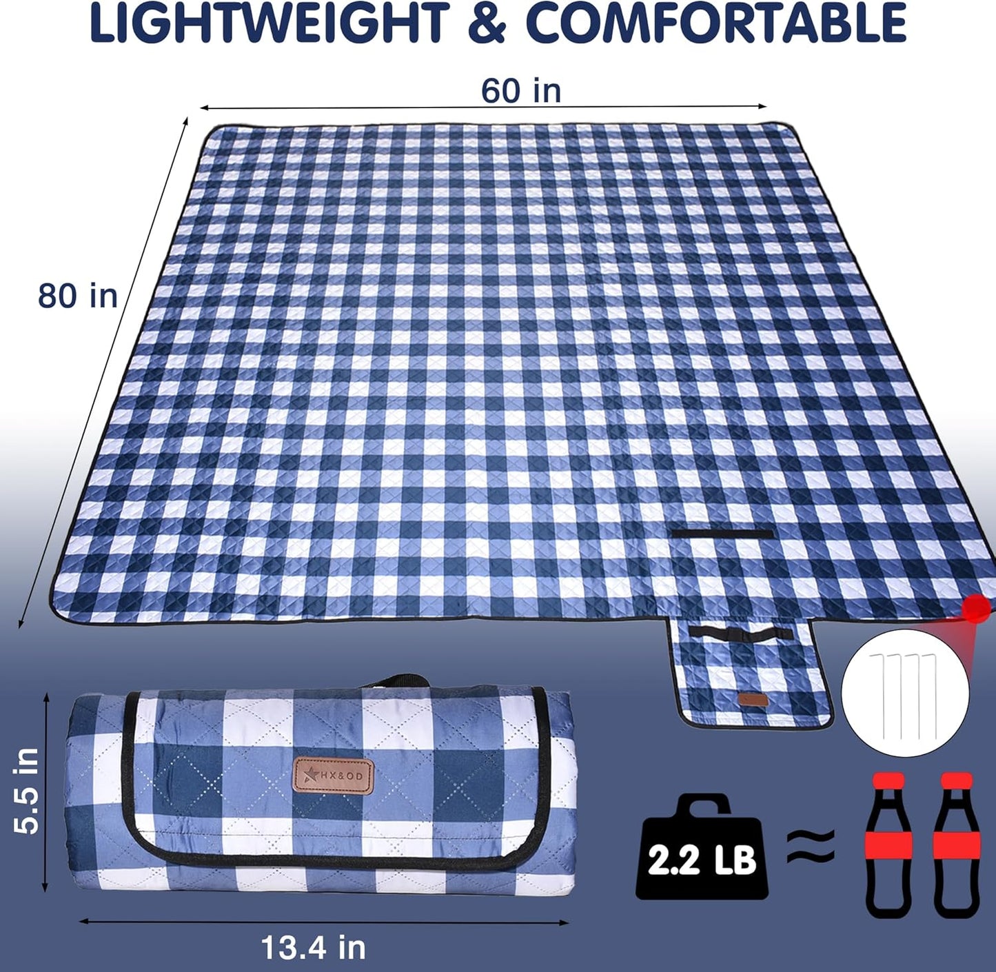 HX&OD Outdoor Picnic Blanket, Extra Large, 80''x60'' Waterproof Foldable Blankets Gingham Picnic Mat for Beach, Camping Grass Lawn Park Accessories Cute Couple Ideas Wedding (Blue, 80”x60”)