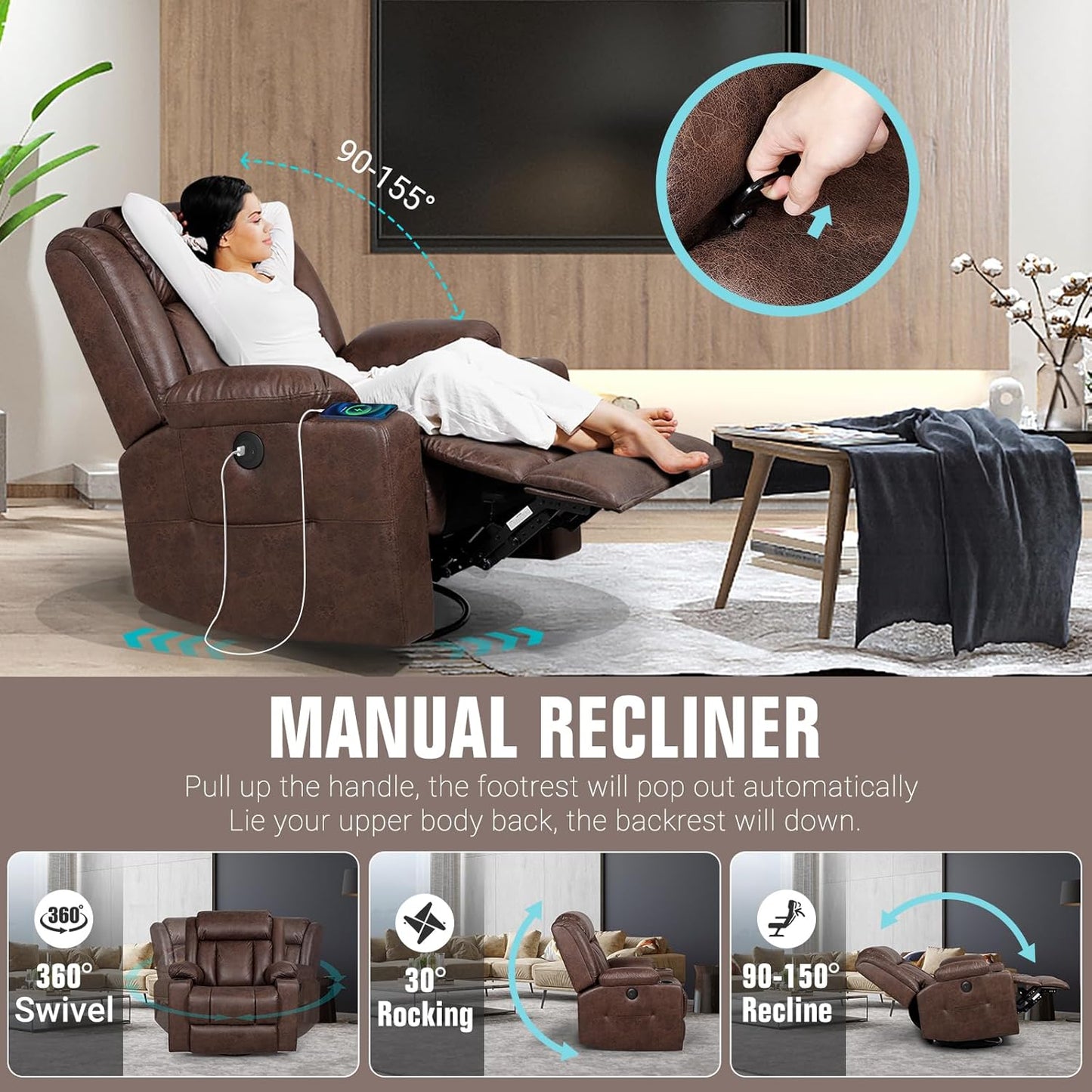 Retro Rocking Recliner Chair, Massage Rocker Recliner Chair with Vibration Massage and Heat, USB and Type-C Ports,360° Swivel Chairs,Living Room, Bedroom, Nursery, RV, Brown
