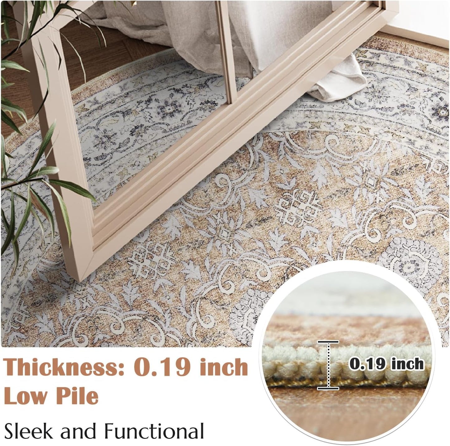 jinchan Round Rug 7ft Washable Circle Soft Rug - Low Pile Vintage 7'Round Indoor Orange Floral Print Stain Resistant Boho Carpet Ultra-Thin Non-Slip for Living Room Bedroom Dining Room Kitchen