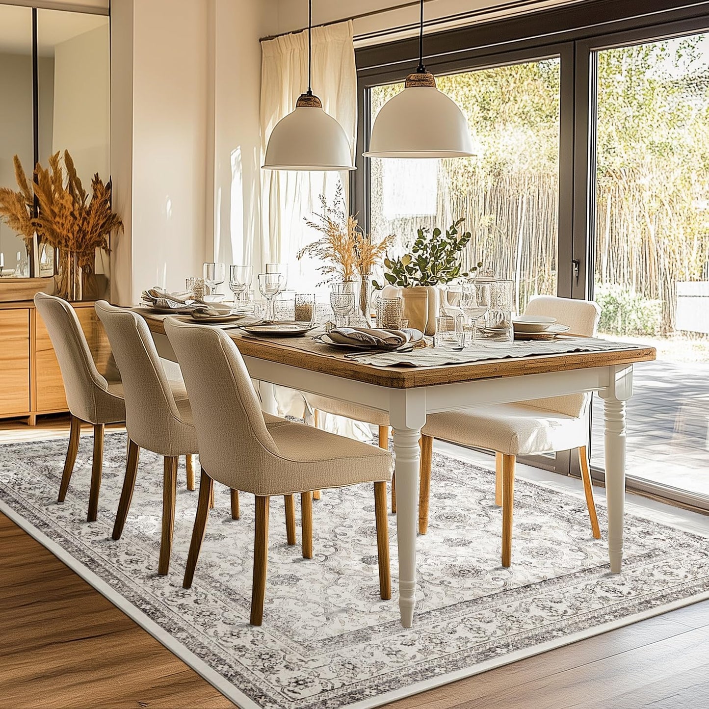 jinchan Floral 6x9 Area Rugs for Living Room - Machine Washable Vintage Distressed Boho Design Throw Rug Stain Resistant Carpet Low-Pile Thin Non-Slip for Bedroom Dining Room Nursery (6‘x9',Beige)