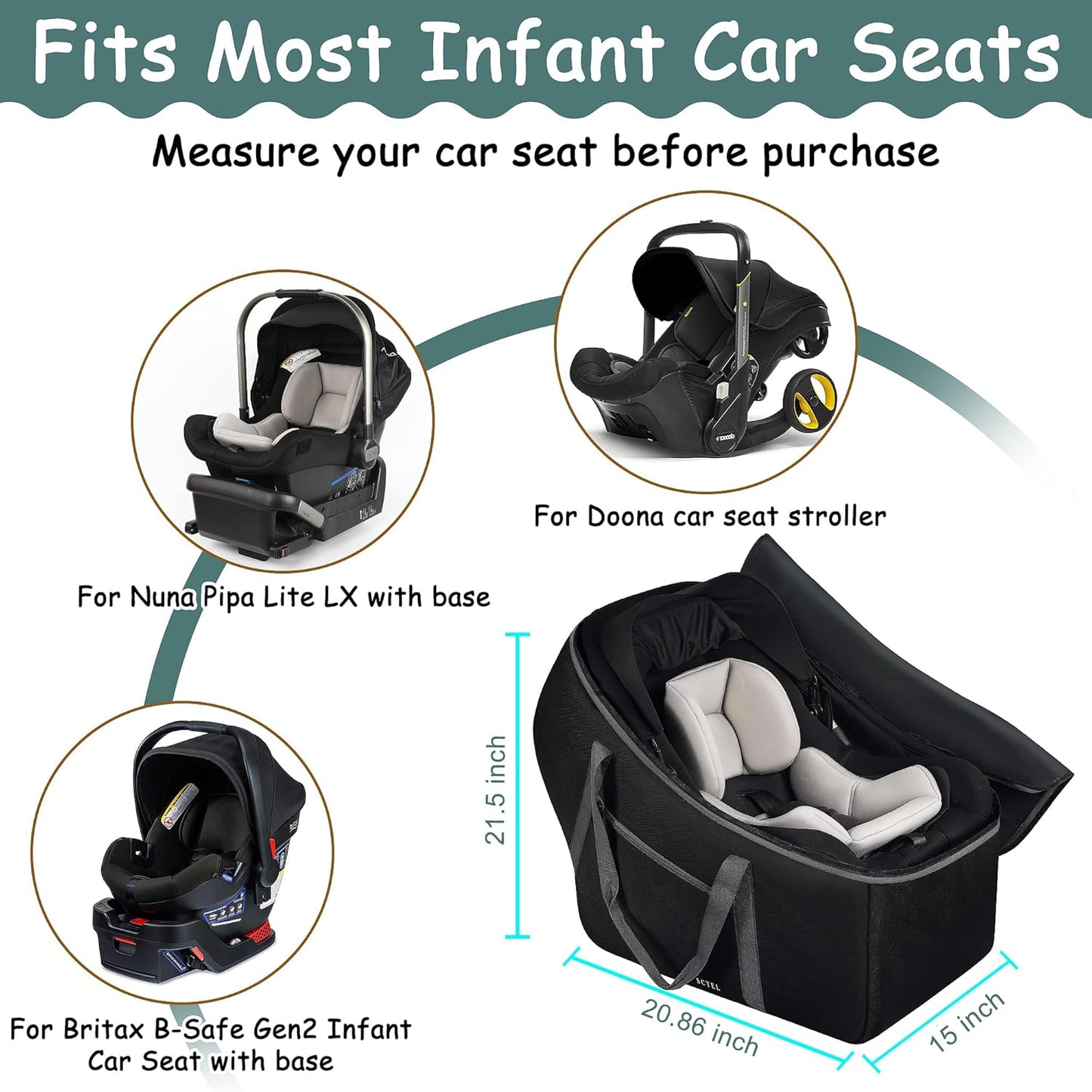 Infant Car Seat Travel Bag Fit Nuna Pipa All Model Car Seat and Base, Fit Doona Baby Stroller, Padded Car Seat Bags for Air Travel, Gate Check Bag with Side Pocket, 5 Protective Feet, Storage Bag
