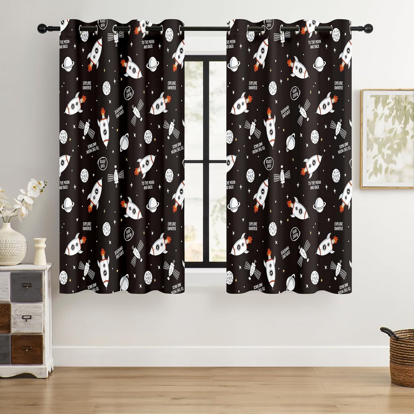 Kids Space Rocket Blackout Curtains - 100% Blackout, Thermal Insulated, Noise Reducing, Perfect for Kids Room and Nursery, 2 Panels (Blast-Off Moon Mission, W52×L63)