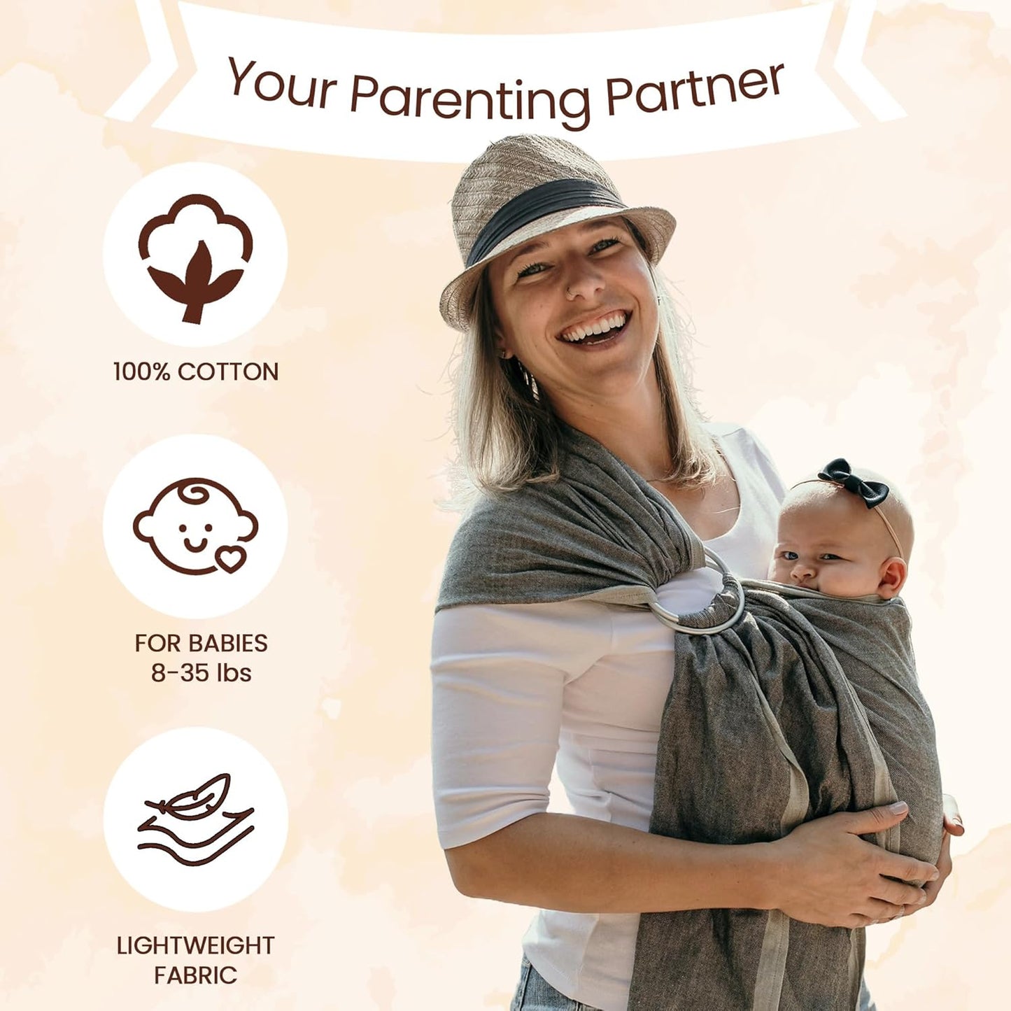 Hip Baby Wrap Ring Sling Baby Carrier for Infants and Toddlers - Beautiful, 100% Soft Cotton Baby Wraps Carrier for Babies 8-35 lbs - Perfect Baby Shower Gifts Moms and Dads - Nursing Cover (Sahara)