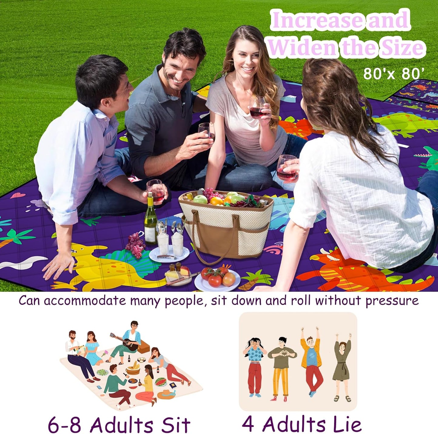 Extra Large Picnic Blanket Waterproof,80"x 80"Foldable Machine Washable Beach Blankets,Outdoor Blanket for 6-8 Adults,Picnic Mat Suitable for Indoor Crawling,Park Beach,Camping,Hiking,Travel（Dinosaur)