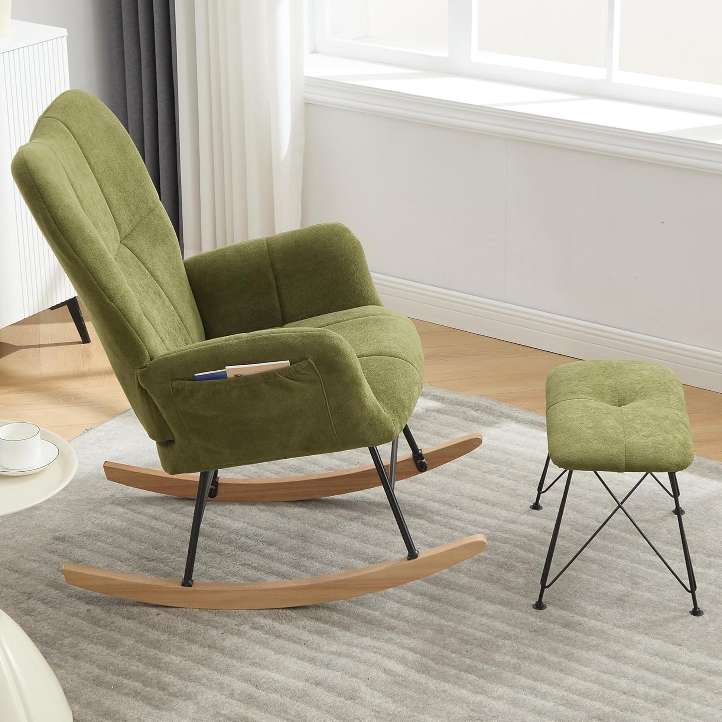 KEEZY Nursery Rocking Chair with Stool Upholstered Glider Rocker Rocking Accent Chair Padded Seat with High Backrest Armchair Comfy Side Chair for Living Room Bedroom Offices (Green)