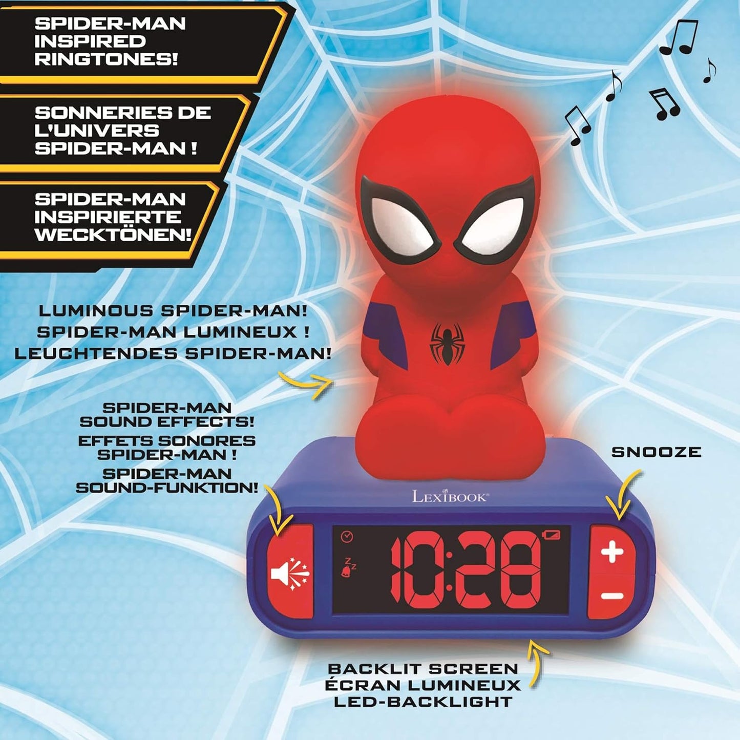 LEXiBOOK - Marvel Spider-Man Digital Alarm Clock with Night Light Snooze and Marvel Spider Man Superheroes Sound Effects - Boys Clock - Luminous Spiderman, Blue - RL800SP