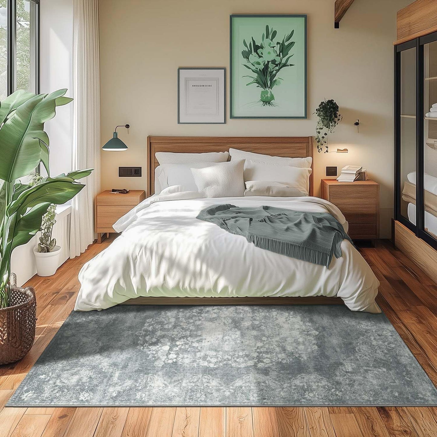 jinchan Vintage Floral 5x7 Area Rugs - Machine Washable Distressed Design Soft Ultra-Thin Low-Pile Non-Slip Carpet for Kitchen Bedroom Nursery Living Room Dining Room Home Office (5x7ft,Grey)