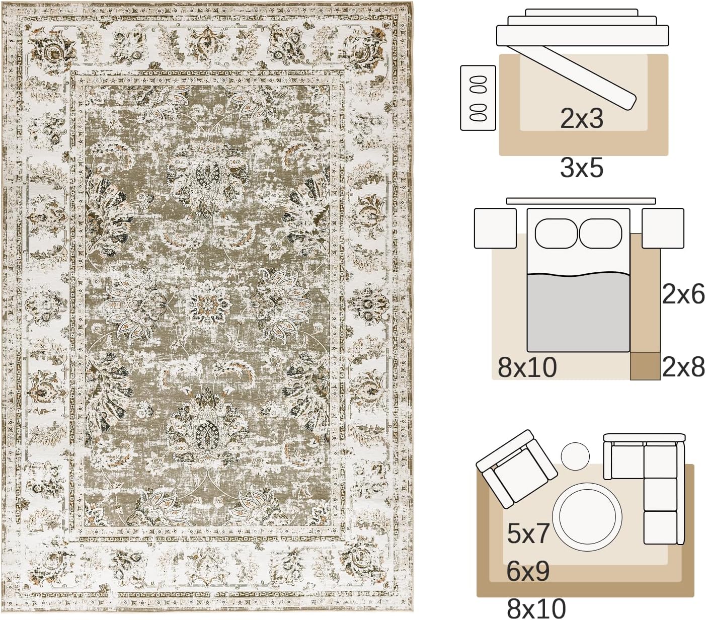 jinchan Floral 2x3 Rugs for Entryway - Vintage Washable Small Non-Slip Distressed Indoor Doormat Ultra-Thin Low-Pile Accent Rug for Entrance Kitchen Bedroom Bathroom (2x3ft,Taupe)