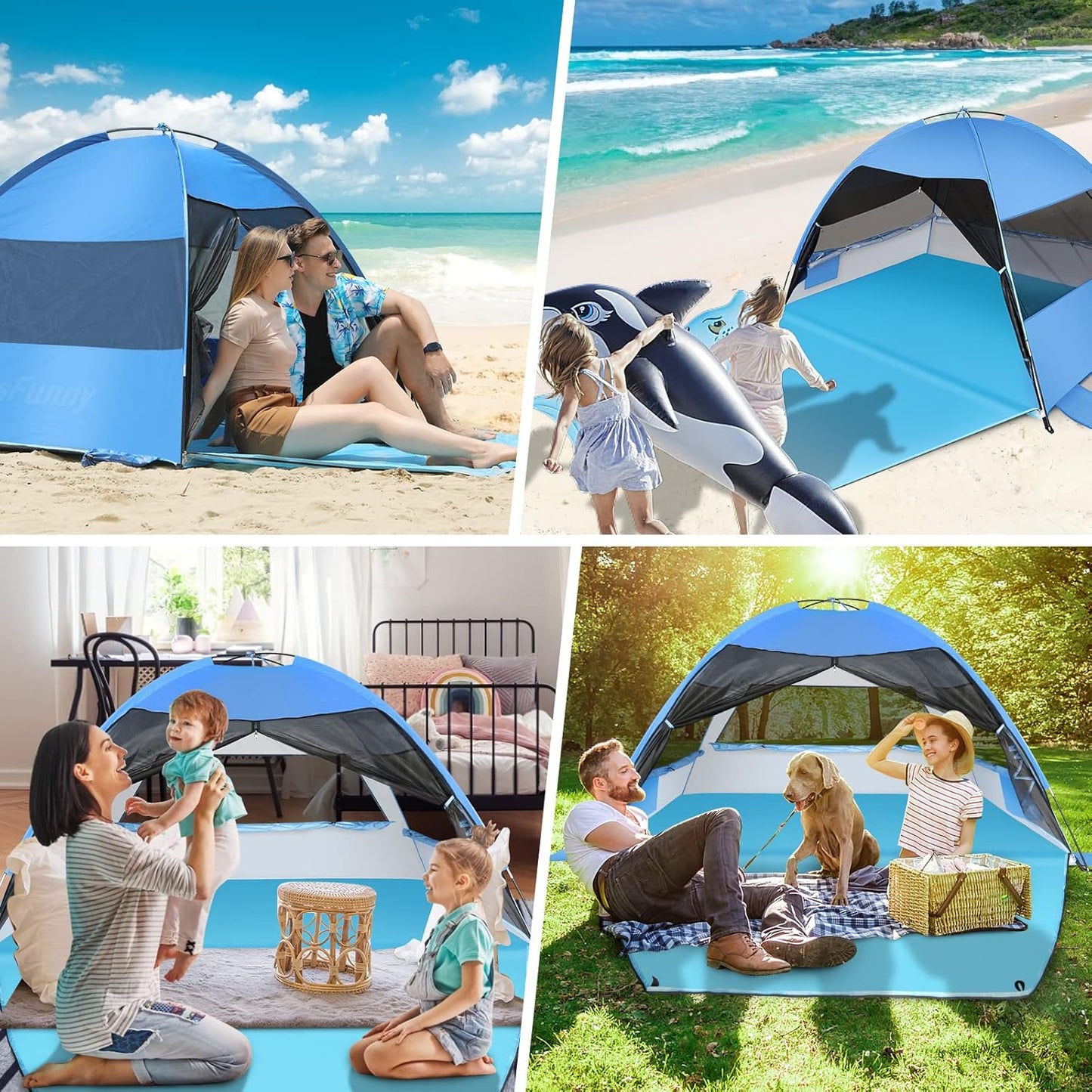 Large Easy Setup Beach Tent,Anti-UV Beach Shade Beach Canopy Tent Sun Shade with Extended Floor & 3 Mesh Roll Up Windows Fits 3-4 Person,Portable Shade Tent for Outdoor Camping Fishing (Blue)