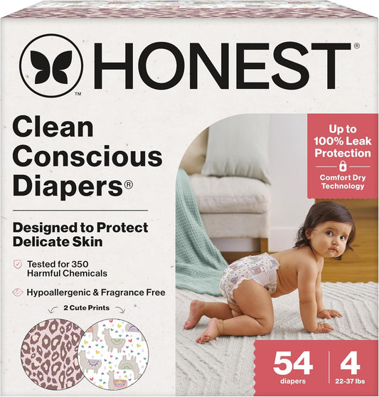 The Honest Company Clean Conscious Diapers for Delicate Skin | Up to 100% Leakproof | Hypoallergenic, Fragrance Free | Girl Prints | Club Box, Size 4 (22-37 lbs), 54 Count (Prints May Vary)