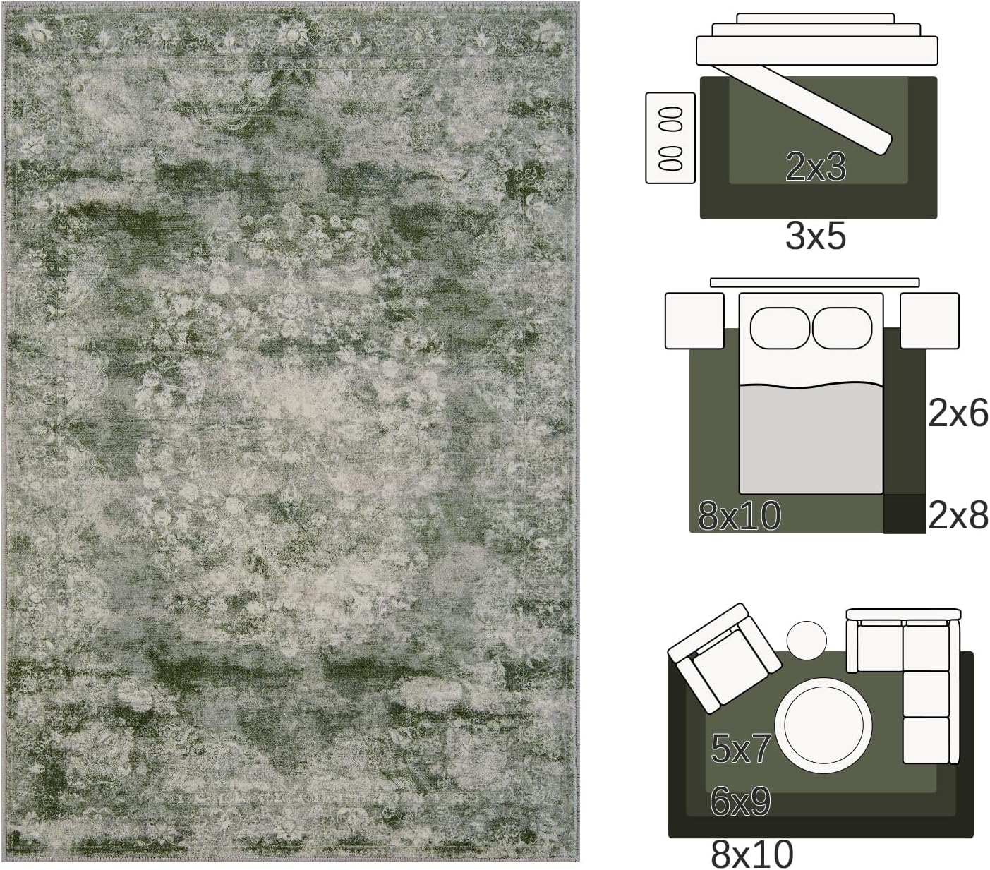 jinchan Green Floral 2x3 Rugs for Entryway - Vintage Washable Area Rug Ultra-Thin Low-Pile Soft Small Non-Slip Distressed Doormat for Entrance Kitchen Bedroom Bathroom (2x3ft,Forest Green)