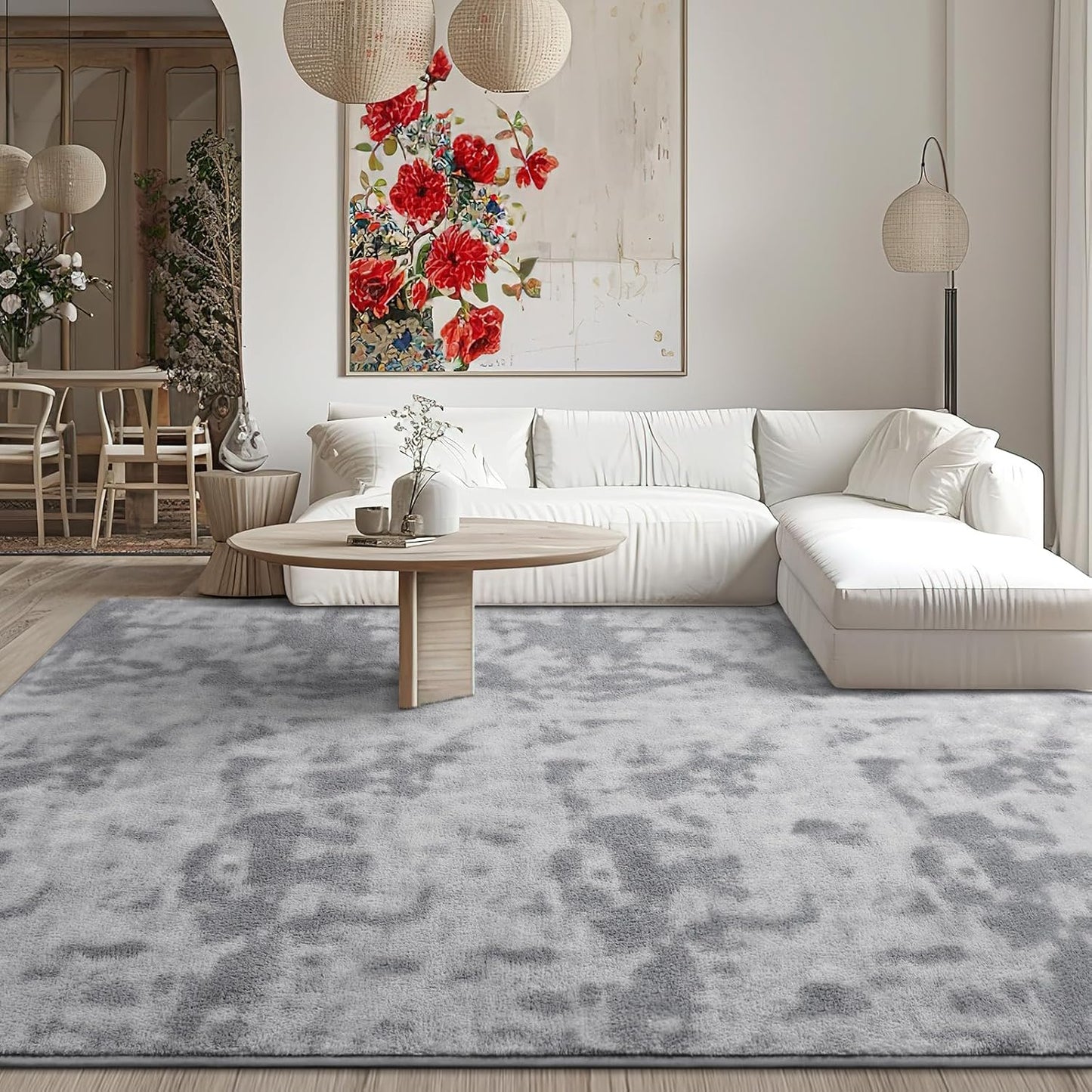 Kimicole 6x9 Washable Area Rugs for Living Room Bedroom, Large Low Pile Ulta-Thin Solid Color Rug, Non-Slip Soft Fluffy Carpet for Nursery Kids Room Dorm Room Home Decor (Light Grey)