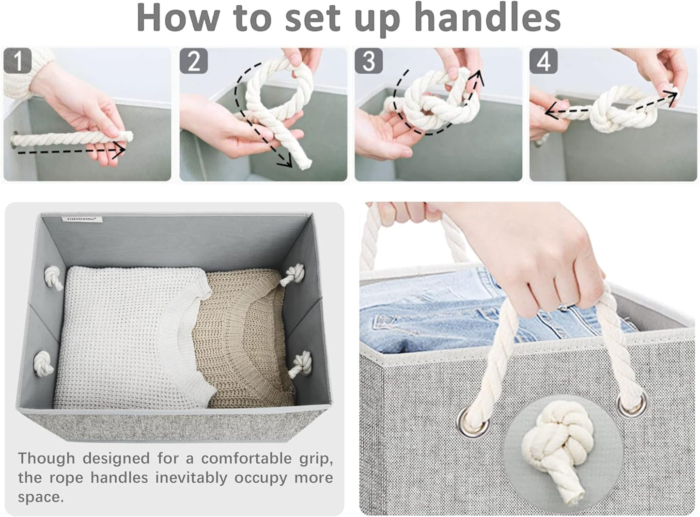 StorageWorks Storage Bins with Lids, Decorative Storage Boxes with Lid and Soft Rope Handles, Foldable Storage Baskets for Closet, Shelves, Stackable, Gray, Jumbo, 3-Pack