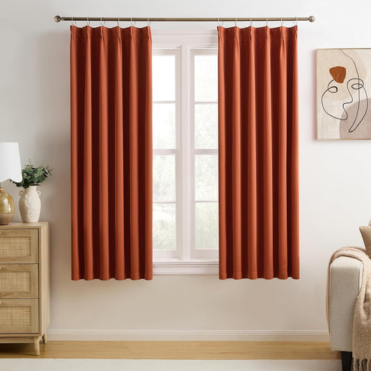 KEQIAOSUOCAI Burnt Orange Blackout Pleated Curtains Short 2 Panels Set 45 Inch Length for Small Windows, Pinch Pleat with Hooks, Boho Muted Ochre Orange Curtain for Bedroom W40 x L45