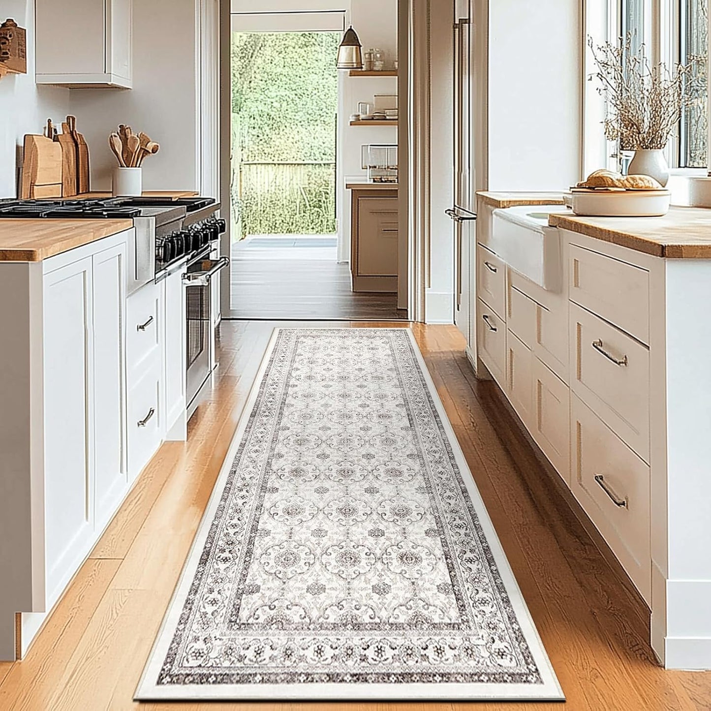 jinchan Hallway Runner Rug 2x8 - Machine Washable Beige Vintage Floral Distressed Design Soft Non-Slip Low-Pile Ultra-Thin Runner Rug for Kitchen Laundry Room Bedroom Farmhouse (2‘x8',Beige)
