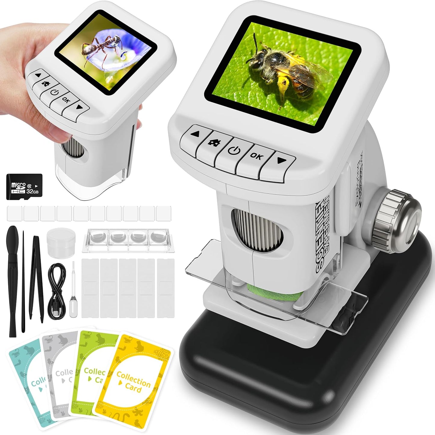 Rechargeable Digital Microscope for Kids 1200X - 2'' LCD Screen STEM Toy with 32G SD Card for Photo/Video, Portable Pocket Microscope for Boys Girls Ages 6,7,8-12, Science Kit Gift Birthday Christmas